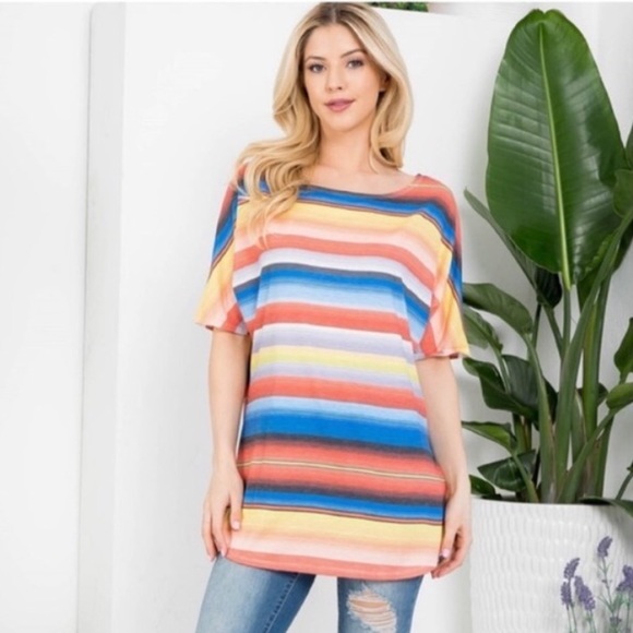 Private Label Tops - NEW Multi-Colored Striped Short Sleeve Top